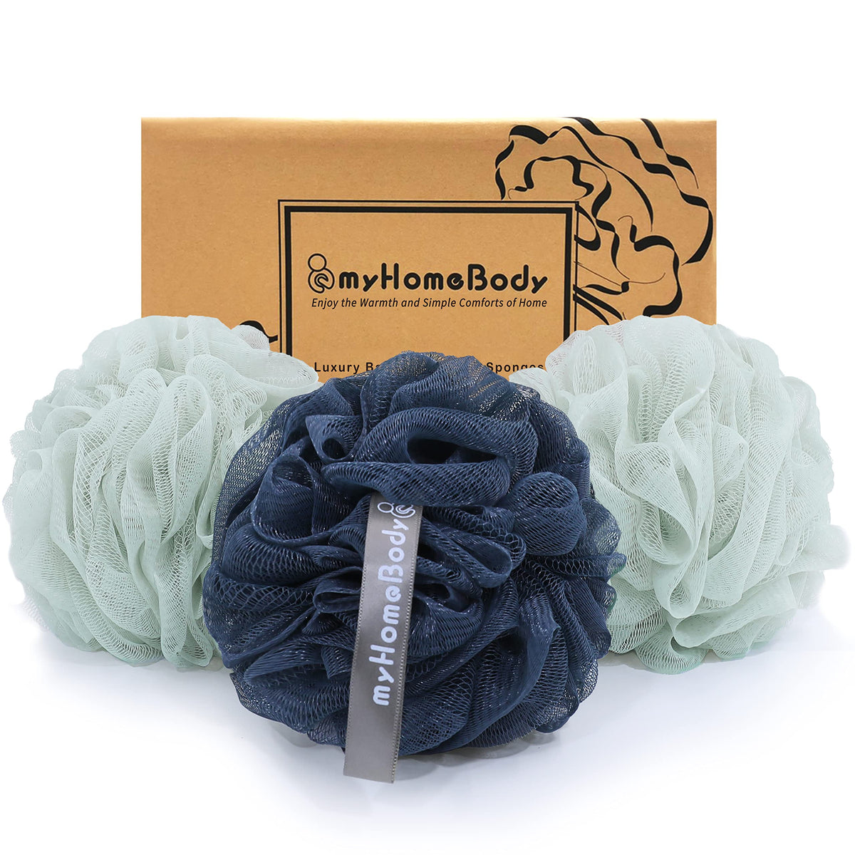 myHomeBody Large 70g Loofah Sponge, 2 Graphite Gray + 1 Sage Green, 3 Pack