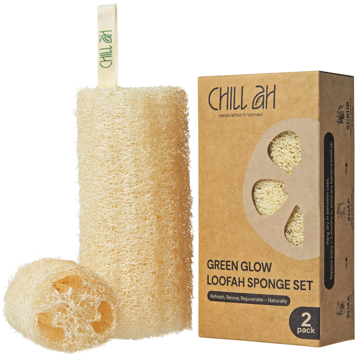 Chill Ah Natural Loofah Sponge Set – 100% Plant-Based, Dye-Free, Biodegradable Bath Exfoliator for Glowing Skin – Handcrafted in Vietnam (4-Pack)