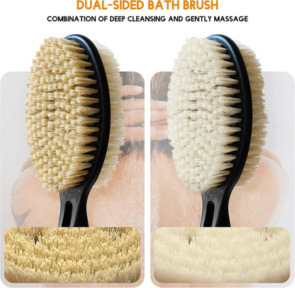 Back Scrubber for Shower with Long Handle, Dual-Sided Bath Brush for Wet & Dry Brushing, Soft & Stiff Bristles Body Exfoliator, Adjustable Detachable Shower Brush for Back, Legs & Feet