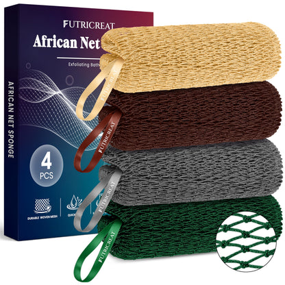 4 Pack Authentic African Net Sponge, Exfoliating Washcloth, Back Scrubber