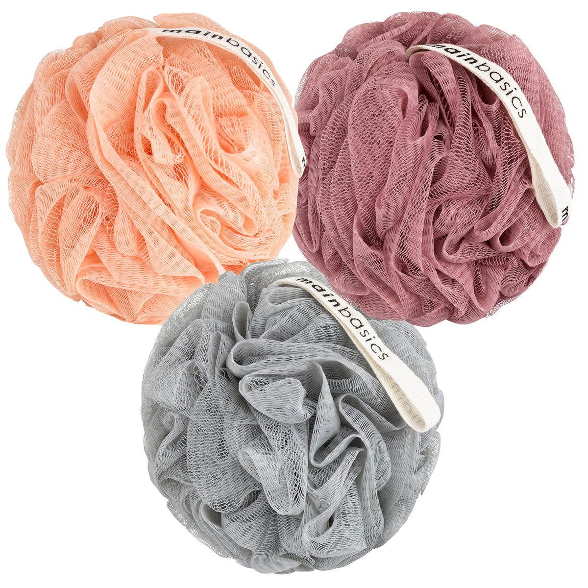 MainBasics Shower Loofah Sponge Pouf, Set of 3, Seaweed Infused