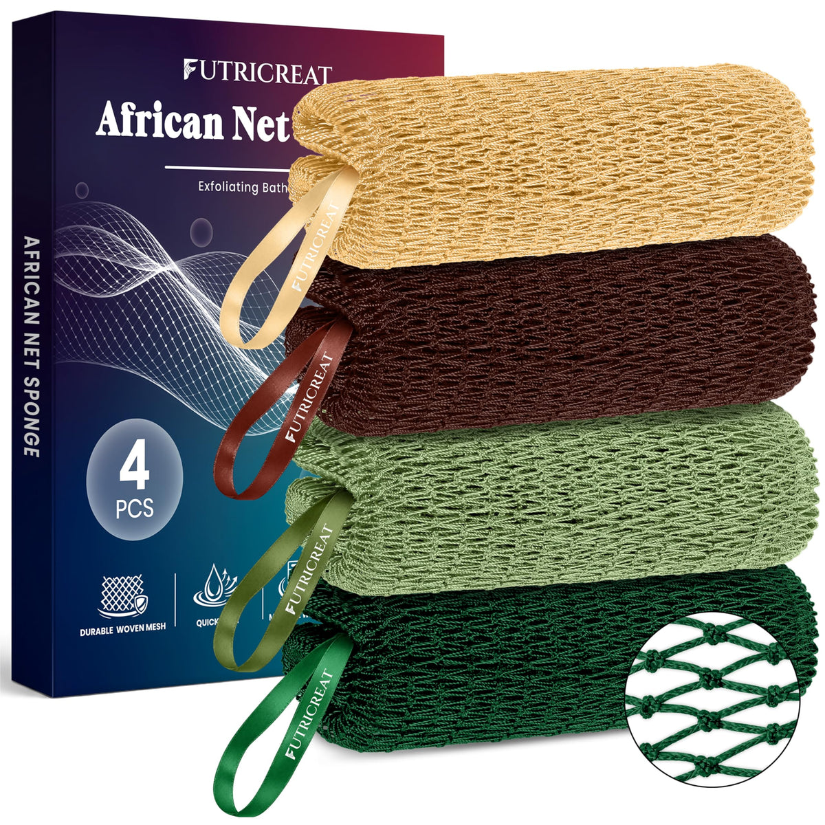 4 Pack Authentic African Net Sponge, Exfoliating Washcloth, Back Scrubber
