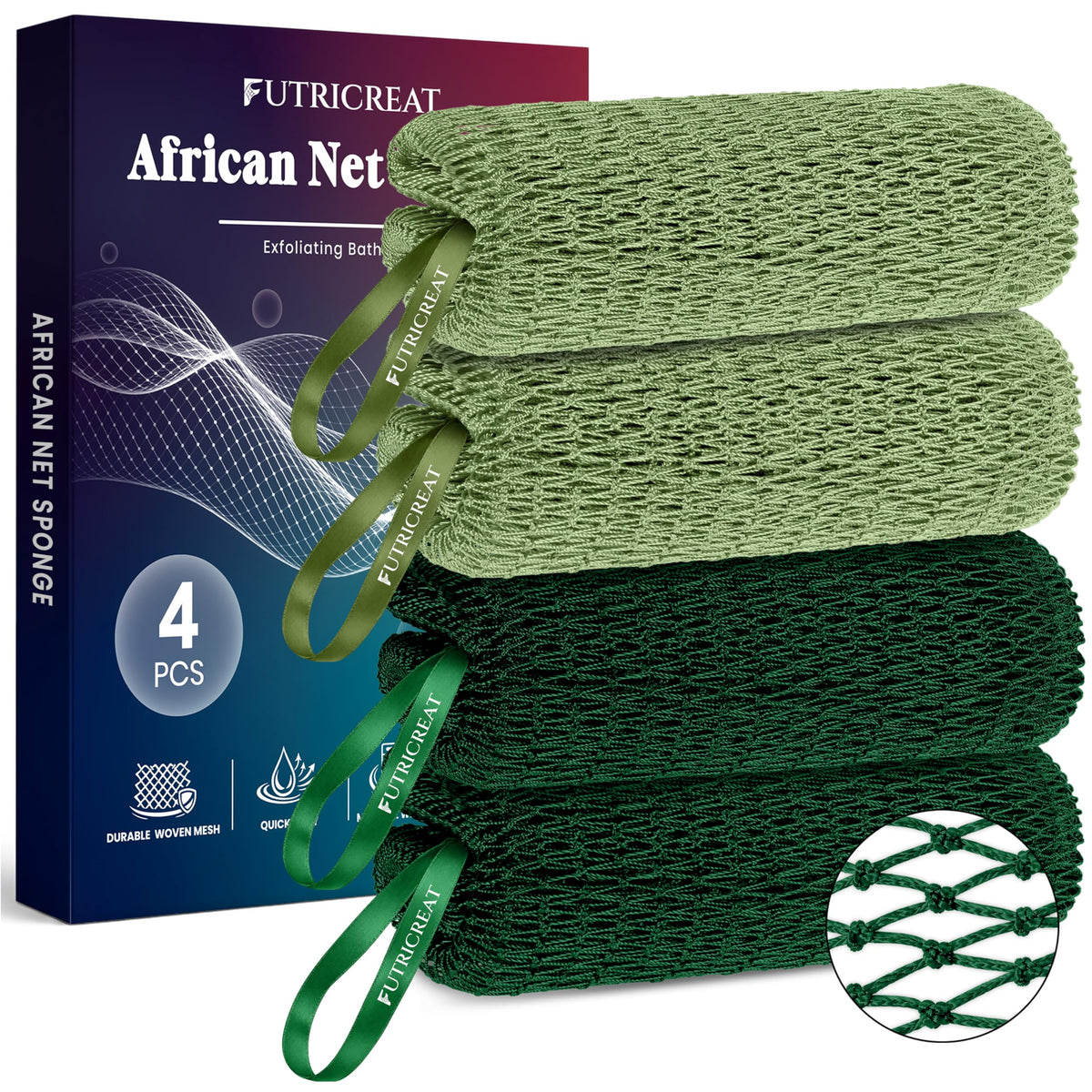 4 Pack Authentic African Net Sponge, Exfoliating Washcloth, Back Scrubber