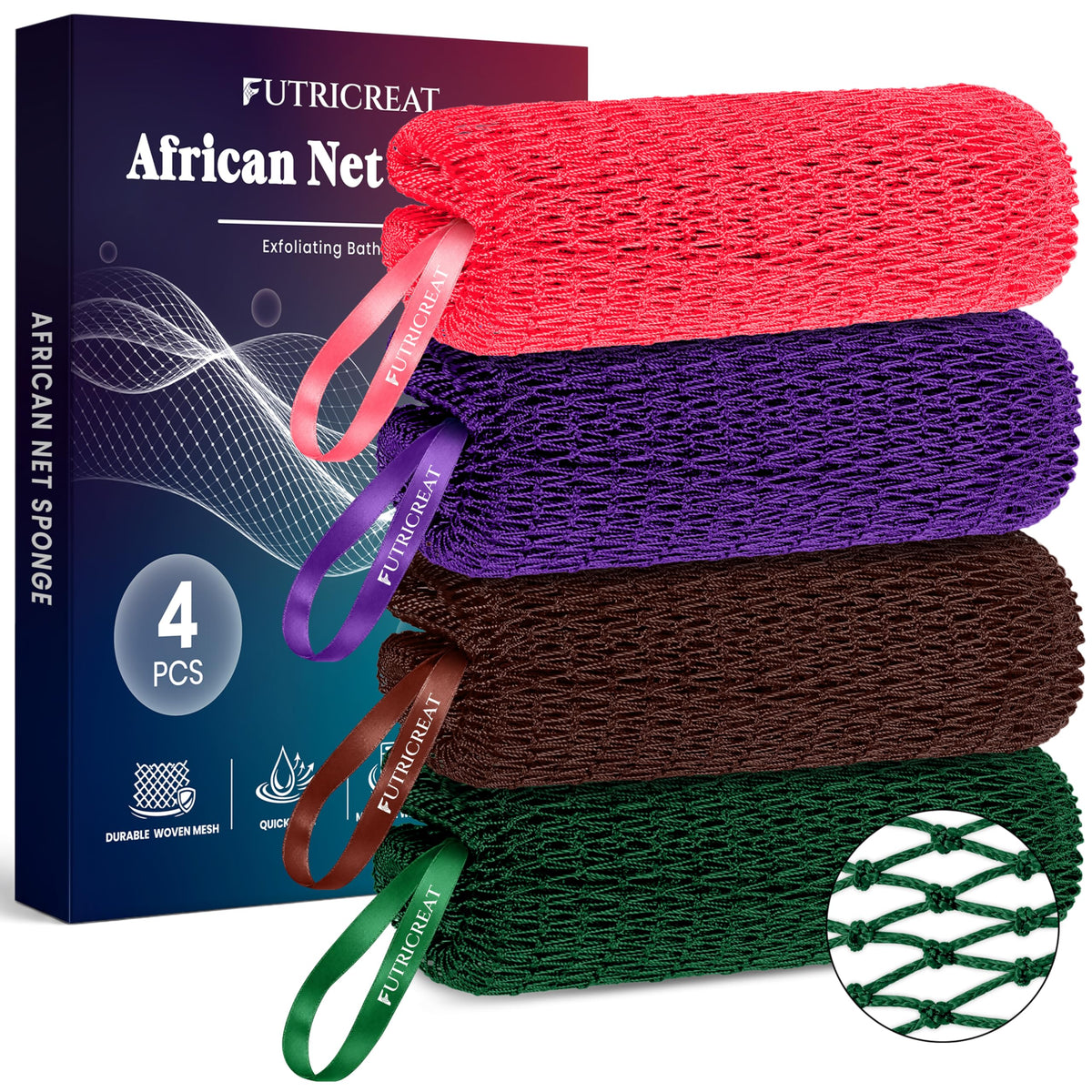 4 Pack Authentic African Net Sponge, Exfoliating Washcloth, Back Scrubber