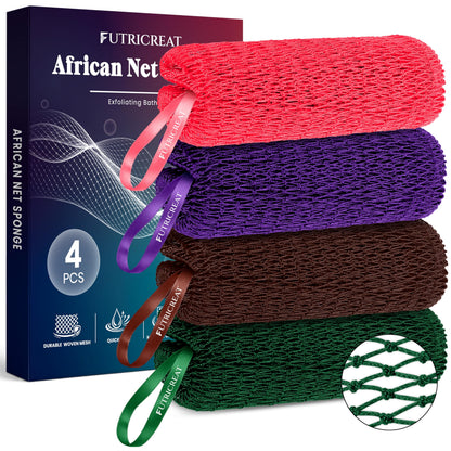 4 Pack Authentic African Net Sponge, Exfoliating Washcloth, Back Scrubber