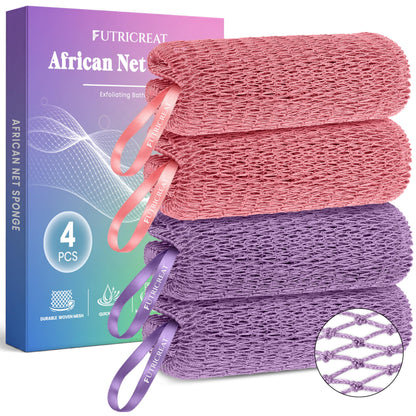 4 Pack Authentic African Net Sponge, Exfoliating Washcloth, Back Scrubber