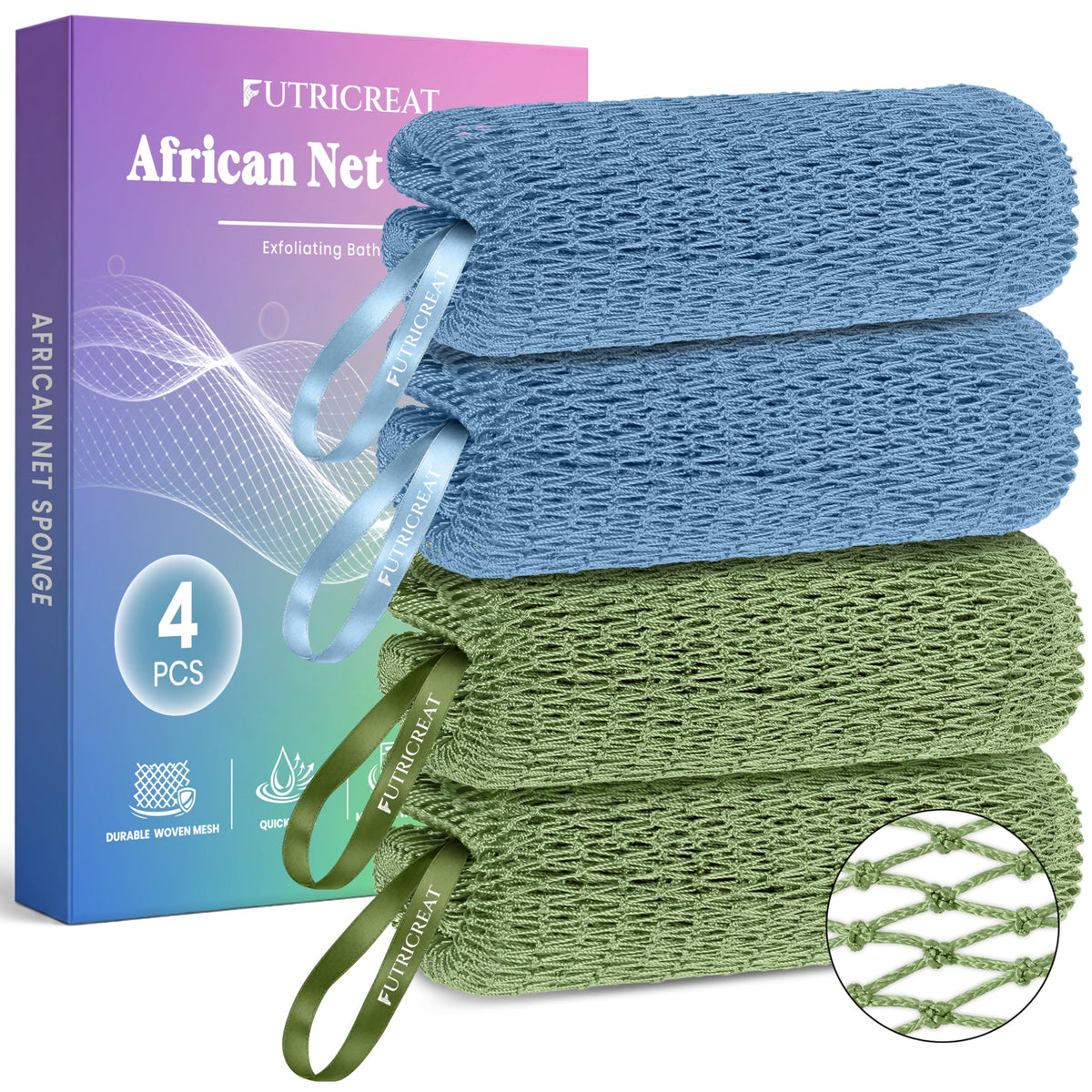 4 Pack Authentic African Net Sponge, Exfoliating Washcloth, Back Scrubber