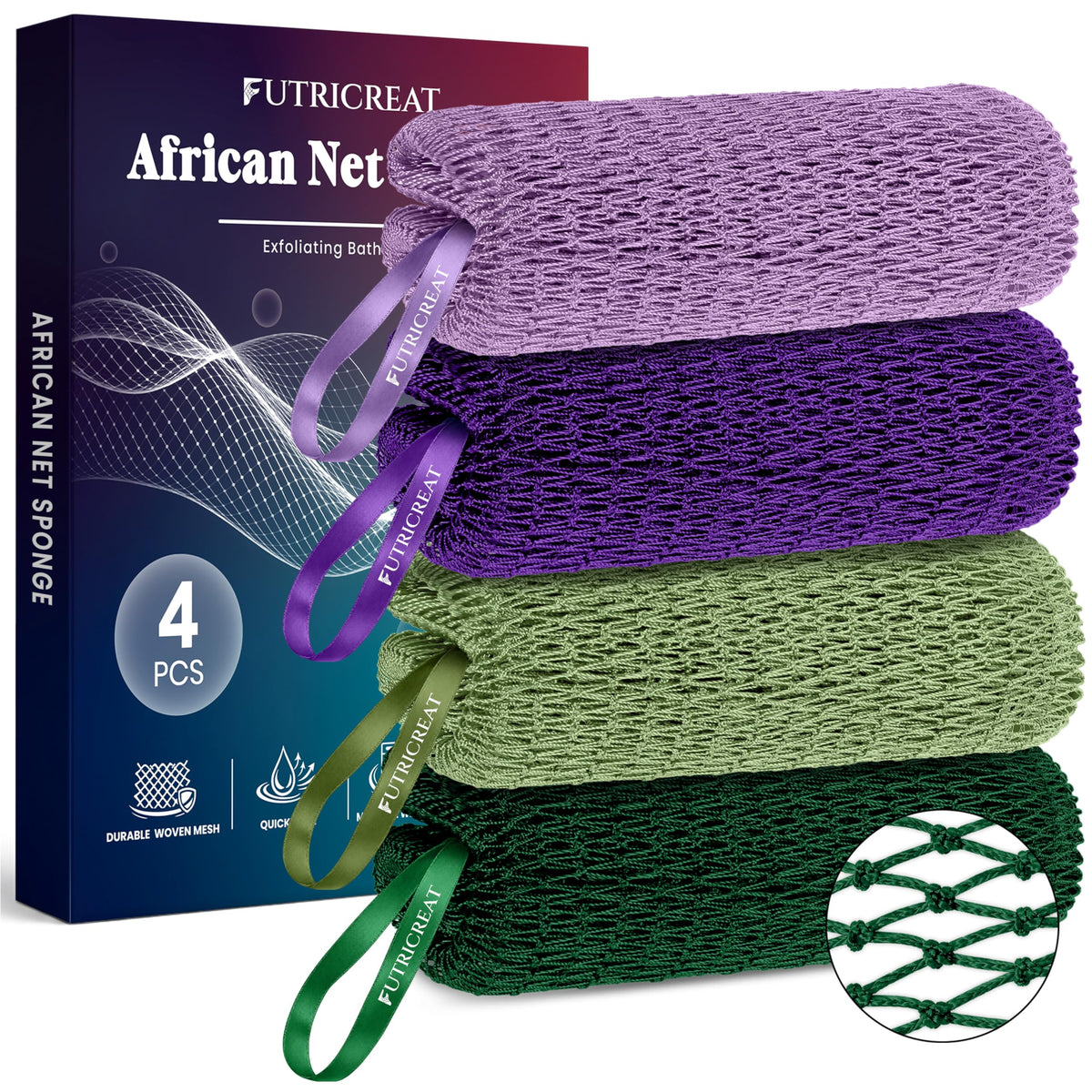 4 Pack Authentic African Net Sponge, Exfoliating Washcloth, Back Scrubber