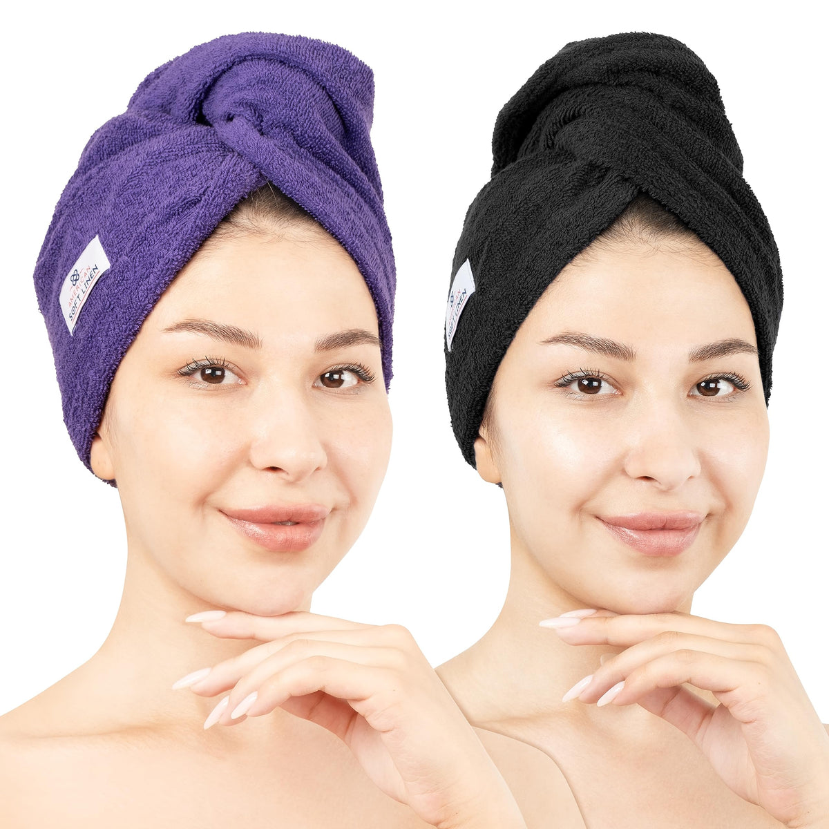 American Soft Linen 100% Cotton Hair Towels for Women, Head Towel Cap, Cotton Hair Turban Towel Wrap for Long Curly Anti Frizz Hair, Soft and Absorbent Cotton Hair Towels 2 Pack, White