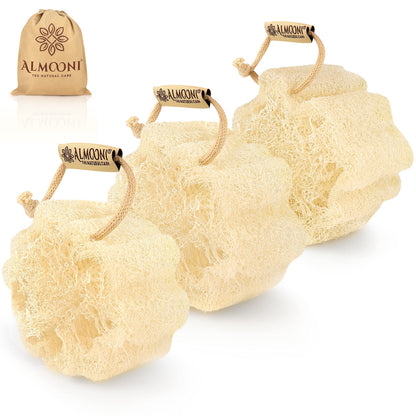 ALMOONI Mini Natural Loofah Sponge, Egyptian Shower Sponge, 3 Count