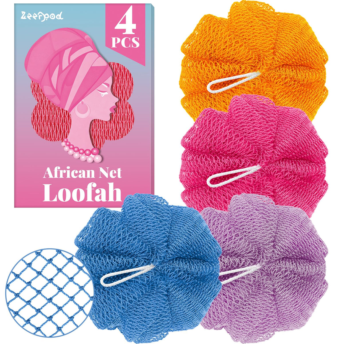 African Net Sponge Authentic-4 Packs African Exfoliating Net Sponge,Bath Sponges for Shower,42 inch Long for Normal to Sensitive Skin, for Daily use, Body Exfoliator Shower(Linen&Brown&Black&Grey)