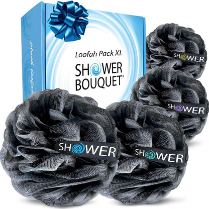 SHOWER BOUQUET Loofah-Charcoal Bath-Sponge-4-Pack Extra-Large 75g Soft Mesh