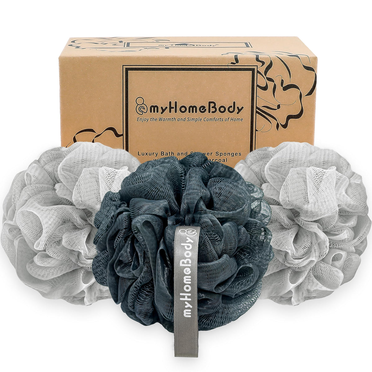 myHomeBody Large 70g Loofah Sponge, 2 Graphite Gray + 1 Sage Green, 3 Pack