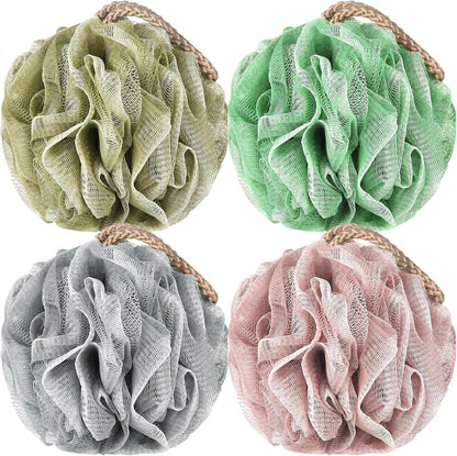 Loofah Sponge Pack of 4, Deep Cleansing Body Scrubber for Shower, Exfoliating Bath Sponge with Handle for Women and Men (001, 50g)
