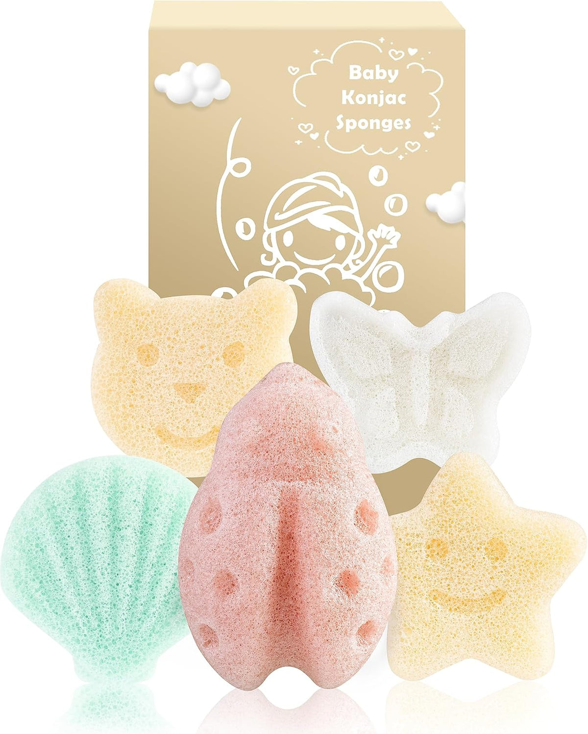 Konjac Baby Sponges, 5Pcs Natural Cute Shapes for Infants