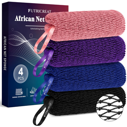 4 Pack Authentic African Net Sponge, Exfoliating Washcloth, Back Scrubber