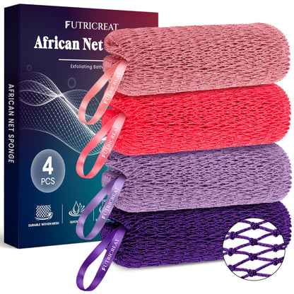 4 Pack Authentic African Net Sponge, Exfoliating Washcloth, Back Scrubber