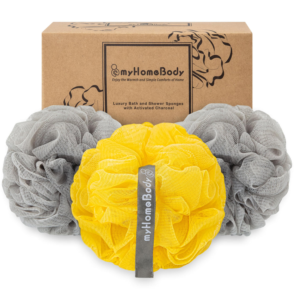 myHomeBody Large 70g Loofah Sponge, 2 Graphite Gray + 1 Sage Green, 3 Pack