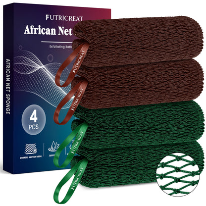 4 Pack Authentic African Net Sponge, Exfoliating Washcloth, Back Scrubber