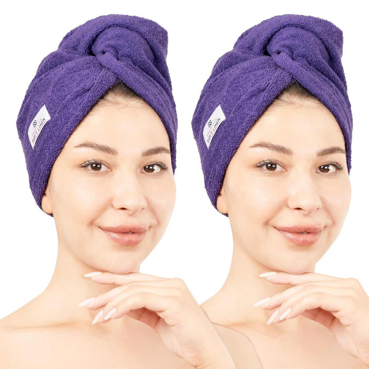 American Soft Linen 100% Cotton Hair Towels for Women, Head Towel Cap, Cotton Hair Turban Towel Wrap for Long Curly Anti Frizz Hair, Soft and Absorbent Cotton Hair Towels 2 Pack, White