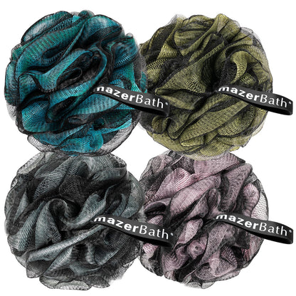 AmazerBath Charcoal Loofah Sponge, Shower Loofah 60g/PCS - Body Scrubber Loofa Set of 4 - Charcoal Blue, Green, Purple & Red, Bath Sponge for Men and Women