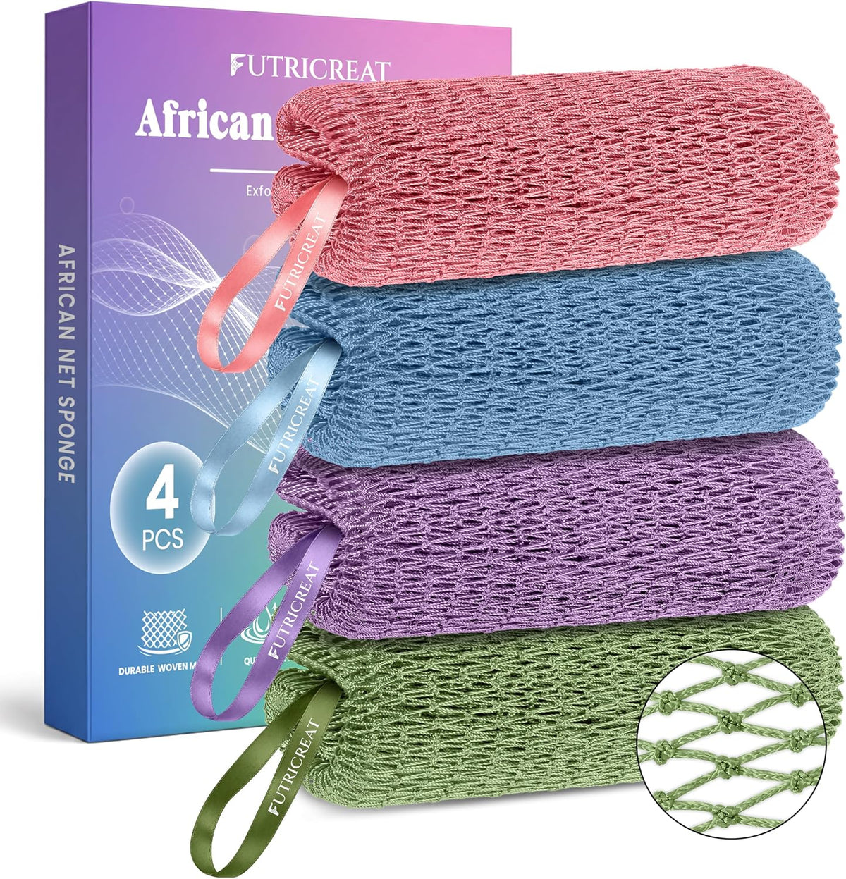 4 Pack Authentic African Net Sponge, Exfoliating Washcloth, Back Scrubber