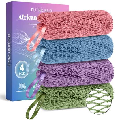 4 Pack Authentic African Net Sponge, Exfoliating Washcloth, Back Scrubber